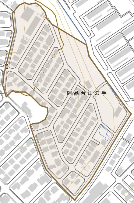 阿品台山の手とその周辺の地図。町の範囲を重ねている
