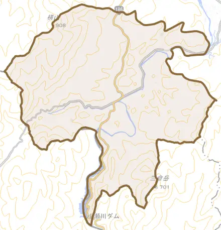 浅原とその周辺の地図。町の範囲を重ねている