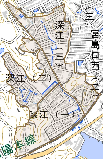 深江とその周辺の地図。町の範囲を重ねている