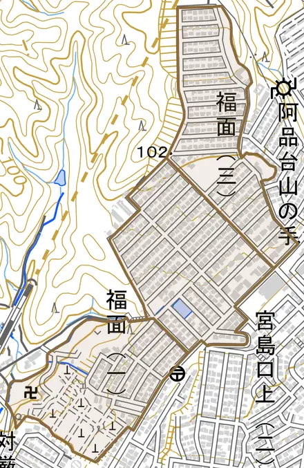 福面とその周辺の地図。町の範囲を重ねている