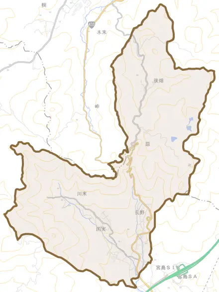 原とその周辺の地図。町の範囲を重ねている