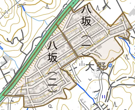 八坂とその周辺の地図。町の範囲を重ねている