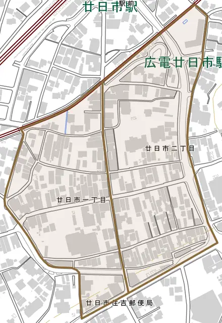 廿日市とその周辺の地図。町の範囲を重ねている