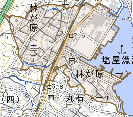 林が原とその周辺の地図。町の範囲を重ねている