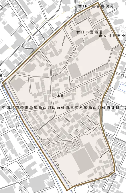 本町とその周辺の地図。町の範囲を重ねている