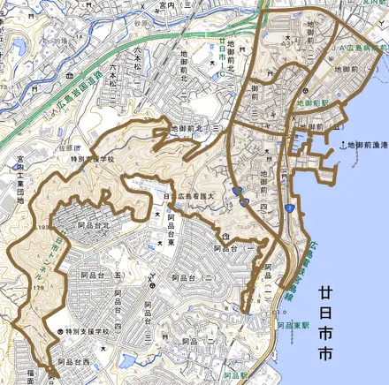 地御前とその周辺の地図。町の範囲を重ねている