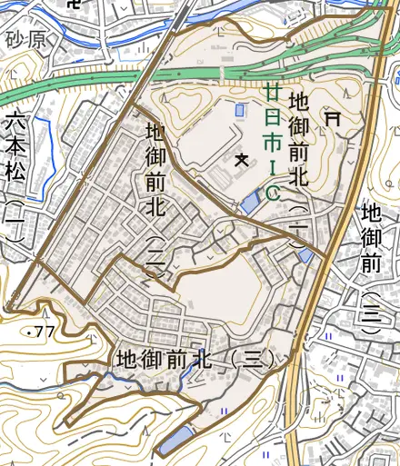 地御前北とその周辺の地図。町の範囲を重ねている
