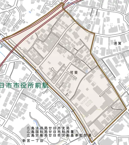 可愛とその周辺の地図。町の範囲を重ねている
