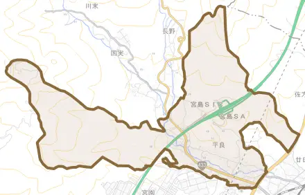 上平良とその周辺の地図。町の範囲を重ねている