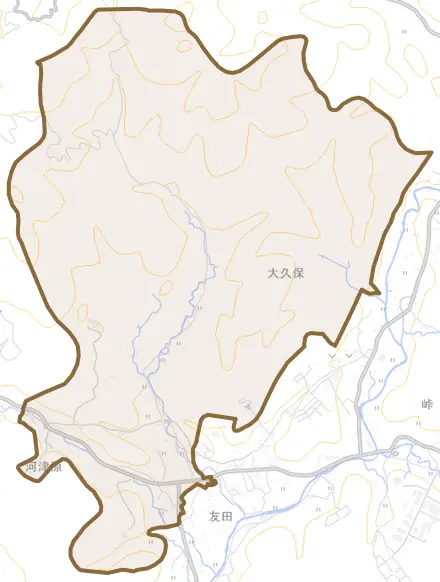 河津原とその周辺の地図。町の範囲を重ねている