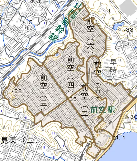 前空とその周辺の地図。町の範囲を重ねている