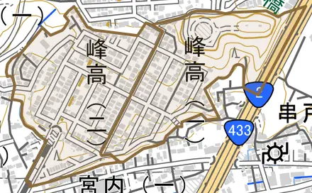 峰高とその周辺の地図。町の範囲を重ねている