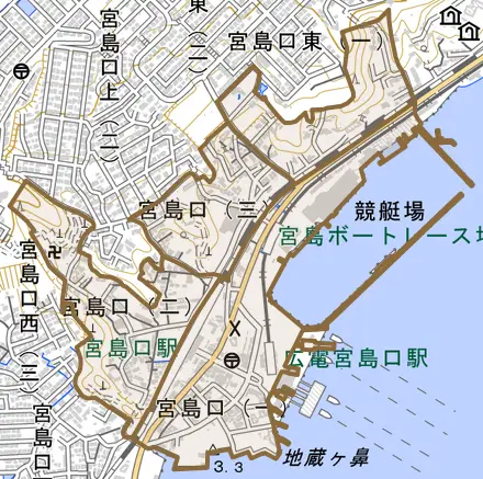 宮島口とその周辺の地図。町の範囲を重ねている