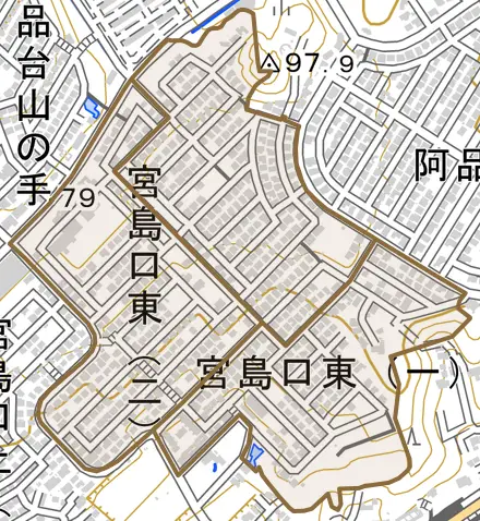 宮島口東とその周辺の地図。町の範囲を重ねている