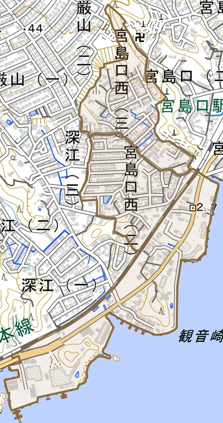 宮島口西とその周辺の地図。町の範囲を重ねている