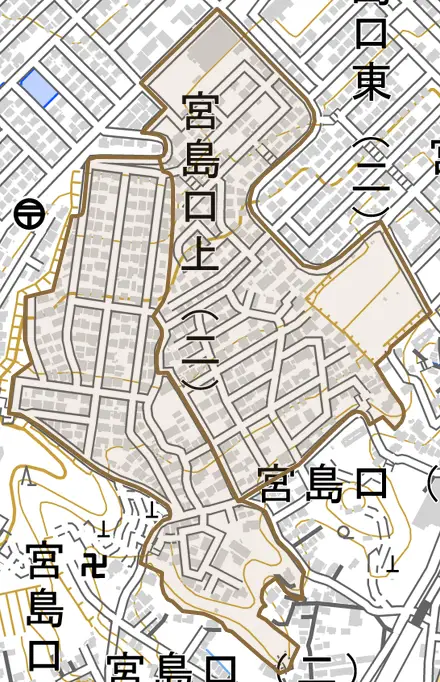 宮島口上とその周辺の地図。町の範囲を重ねている