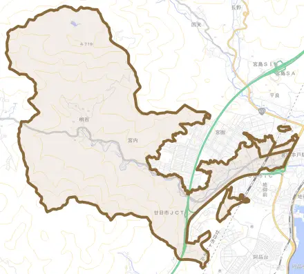 宮内とその周辺の地図。町の範囲を重ねている