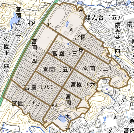 宮園とその周辺の地図。町の範囲を重ねている
