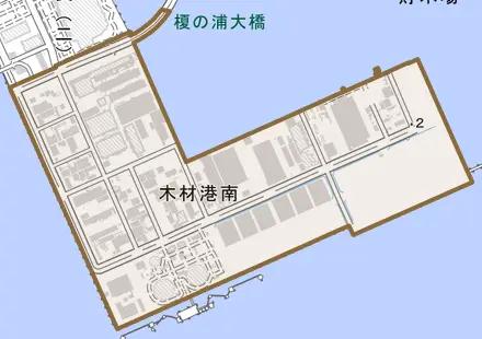 木材港南とその周辺の地図。町の範囲を重ねている
