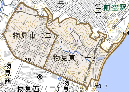 物見東とその周辺の地図。町の範囲を重ねている