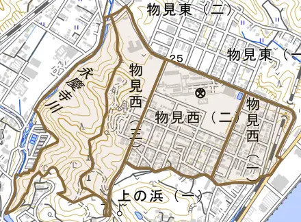 物見西とその周辺の地図。町の範囲を重ねている
