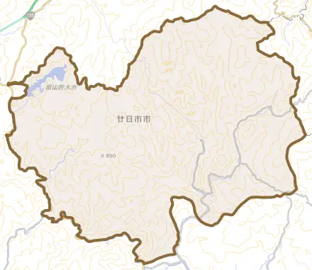 虫所山とその周辺の地図。町の範囲を重ねている