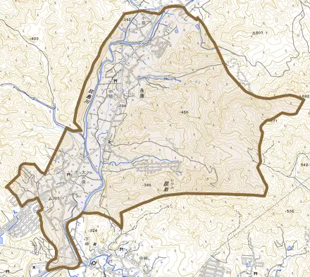 永原とその周辺の地図。町の範囲を重ねている