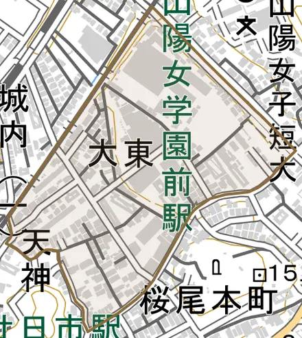 大東とその周辺の地図。町の範囲を重ねている