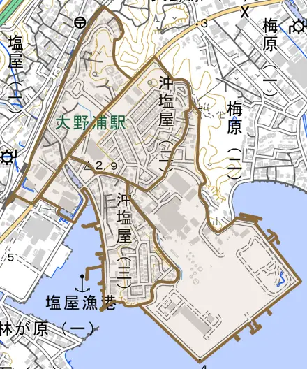 沖塩屋とその周辺の地図。町の範囲を重ねている