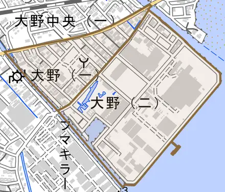 大野とその周辺の地図。町の範囲を重ねている