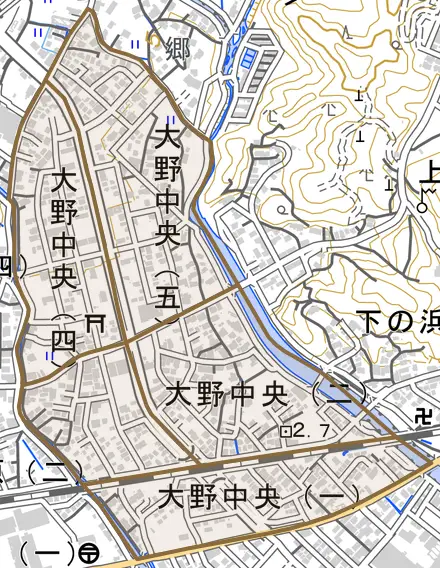 大野中央とその周辺の地図。町の範囲を重ねている