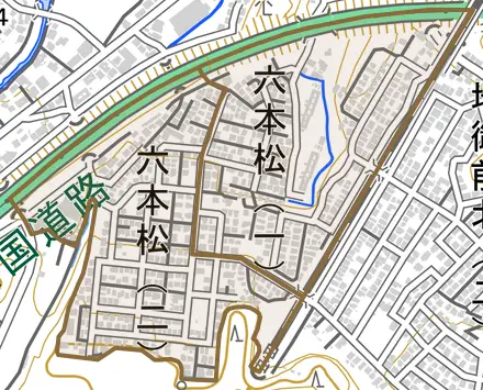 六本松とその周辺の地図。町の範囲を重ねている