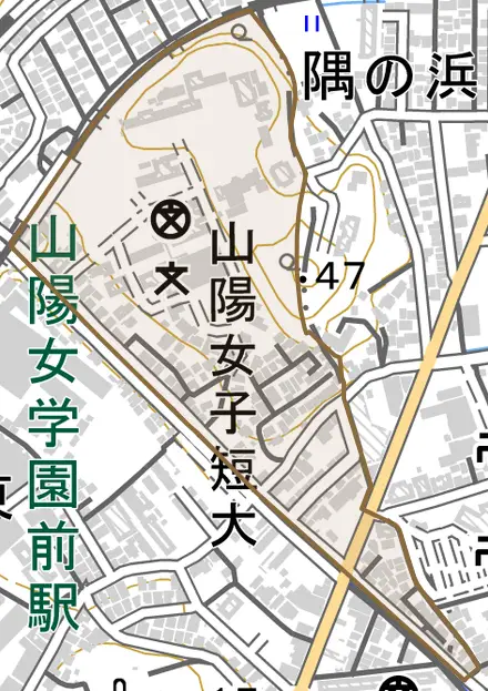 佐方本町とその周辺の地図。町の範囲を重ねている