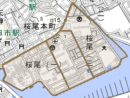桜尾とその周辺の地図。町の範囲を重ねている