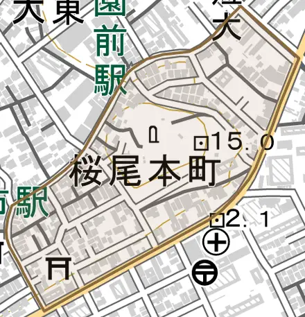 桜尾本町とその周辺の地図。町の範囲を重ねている