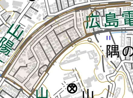 山陽園とその周辺の地図。町の範囲を重ねている