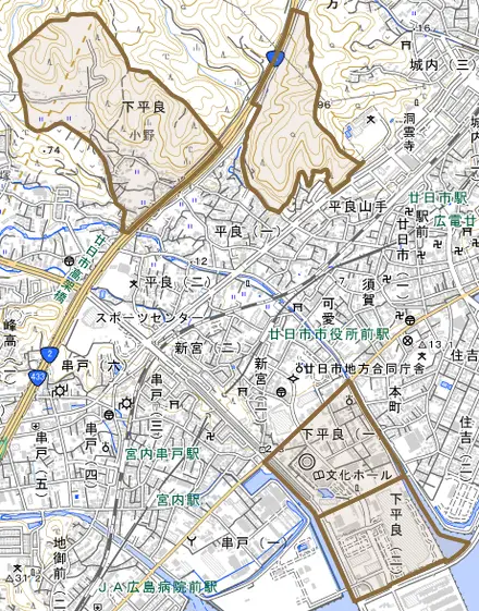 下平良とその周辺の地図。町の範囲を重ねている