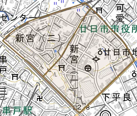 新宮とその周辺の地図。町の範囲を重ねている