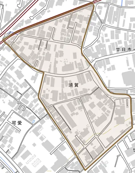 須賀とその周辺の地図。町の範囲を重ねている