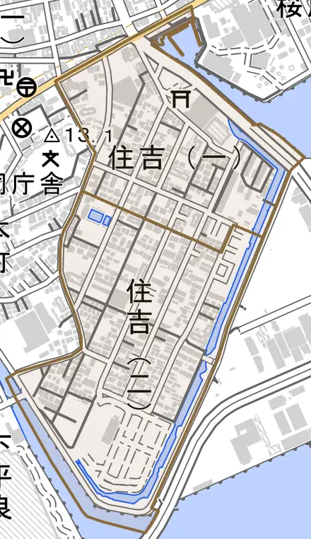 住吉とその周辺の地図。町の範囲を重ねている