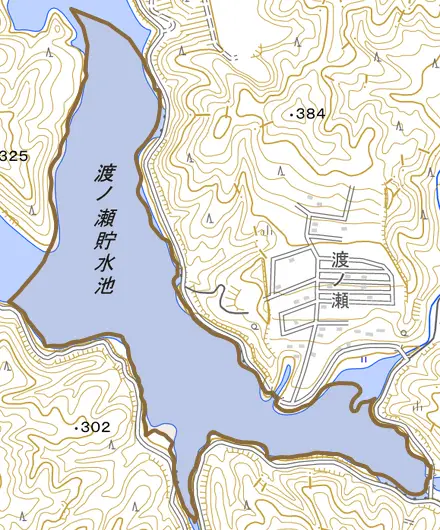 渡瀬とその周辺の地図。町の範囲を重ねている