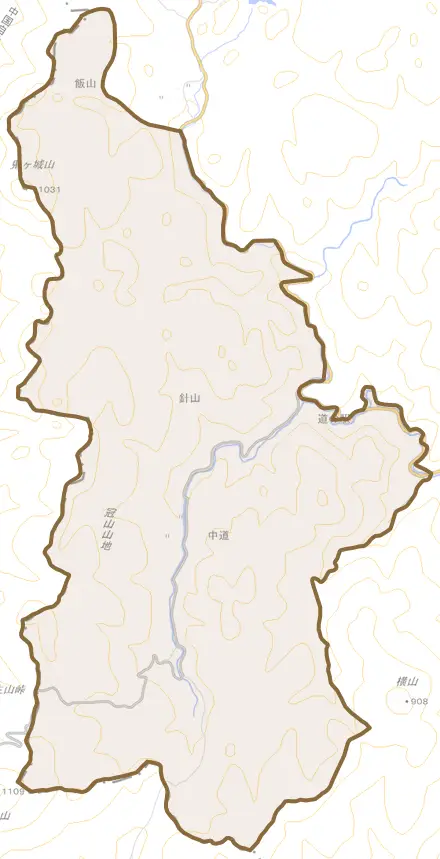 中道とその周辺の地図。町の範囲を重ねている