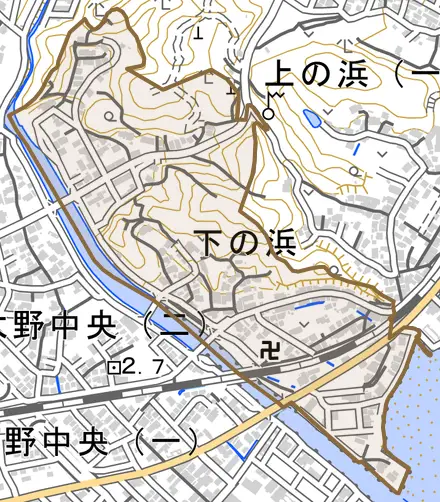 下の浜とその周辺の地図。町の範囲を重ねている