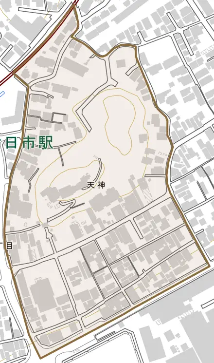 天神とその周辺の地図。町の範囲を重ねている
