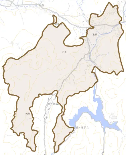 友田とその周辺の地図。町の範囲を重ねている