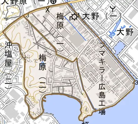 梅原とその周辺の地図。町の範囲を重ねている