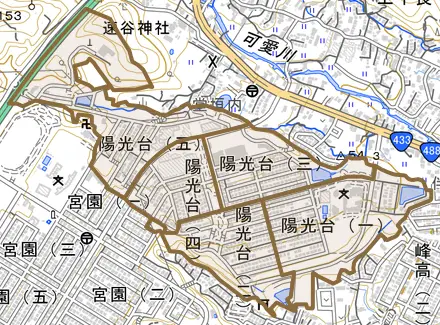 陽光台とその周辺の地図。町の範囲を重ねている