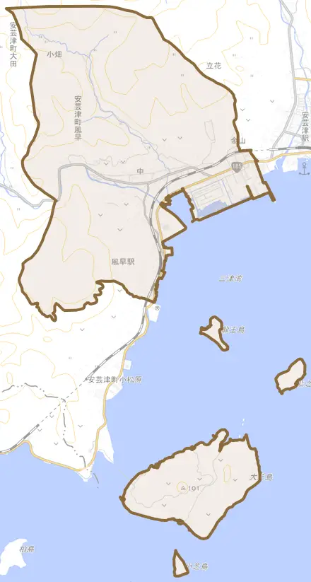 安芸津町風早とその周辺の地図。町の範囲を重ねている