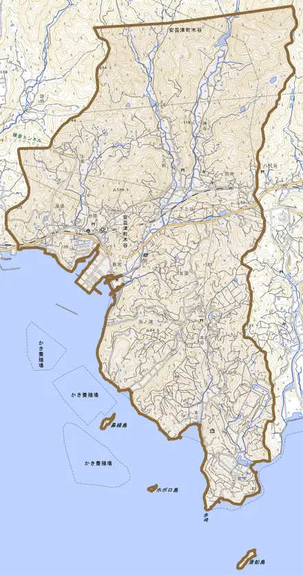 安芸津町木谷とその周辺の地図。町の範囲を重ねている