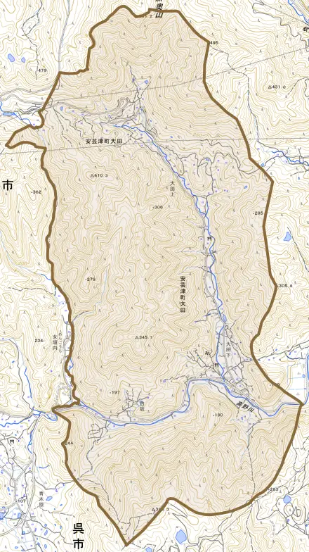 安芸津町大田とその周辺の地図。町の範囲を重ねている